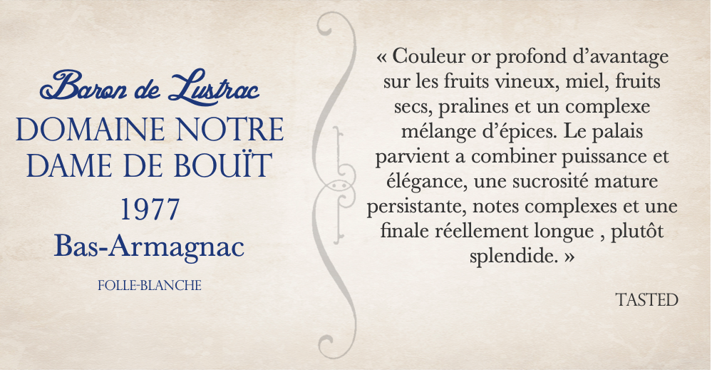 Dégustation du bas armagnac 1977 Domaine NOTRE DAME DE BOUÏT par Tasted